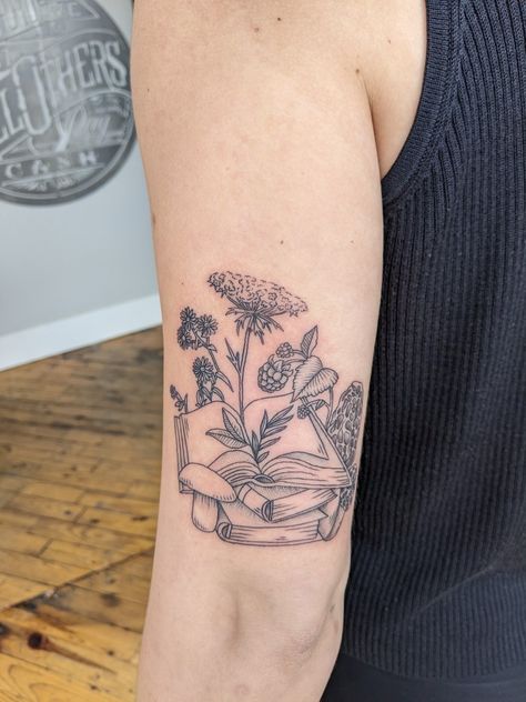 Book Mushroom Tattoo, Book And Mushroom Tattoo, Mushroom Book Tattoo, Gothic Cottagecore Tattoo, Whimsical Book Tattoo, Mushroom Garden Tattoo, Mushroom House Tattoo, Mushroom Forest Tattoo, Morel Mushroom Tattoo