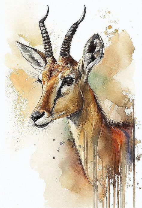 Animal Head Painting, Antelope Drawing, Watercolor Scenery Painting, Animals Portrait, Paintings Nature, Painting Cats, Watercolor Scenery, Watercolor Paintings Of Animals, Scenery Painting