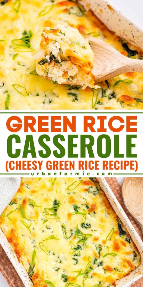 Out of simple weeknight dinner ideas? This Green Rice Casserole is simple, easy to make, and loaded with flavorful ingredients. This easy recipe for weeknight dinner is ready in 35 minutes! Green Chili Cheese Rice Casserole, Green Rice Casserole, Green Rice Recipe, Vegan Dinner Rolls, Vegetarian Holiday Recipes, Weeknight Dinner Ideas, Green Rice, One Pot Meal, Vegetarian Dinners