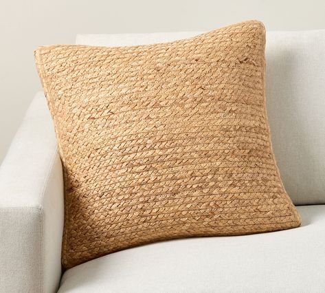 Braided Jute Pillow | Pottery Barn Small Space Seating, Rustic Luxe, Window Projects, Linen Layers, Persian Style Rug, Rug Texture, Water Hyacinth, Cotton Curtains, Outdoor Furniture Collections