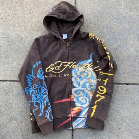 Ed Hardy Zip Up, Ed Hardy Hoodie, Vintage Ed Hardy, Diy Bed Frame, Brown Hoodie, I Wan, Zip Up Sweatshirt, Winter Inspo, Hoodie Zip