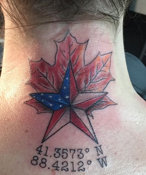 Canadian Flag & American Flag Fusion with Coordinates Canada Flag Tattoo, Canadian Tattoos, American Flag Tattoos, Canadian Tattoo, Flag Tattoos, Tattoo Man, French Canadian, Flag Tattoo, Meaningful Tattoo