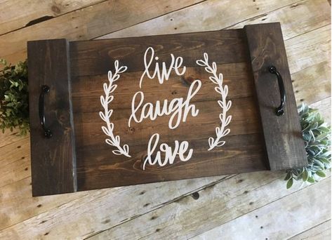 Live Laugh Love Serving Tray with Handles | Hand-painted Wood Serving Tray| Farmhouse Serving Tray | Farmhouse Serving Trays, Noodle Board, Wood Oven, Stove Top Cover, Serving Tray Decor, Kitchen Wood, Table Cafe, Serving Tray Wood, Rustic Kitchen Decor