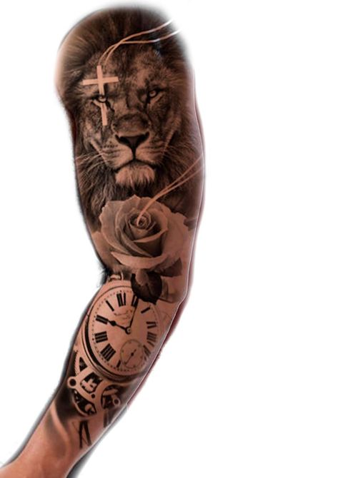 Lion Cross Clock Tattoo, Lion Clock Rose Tattoo Design, Half Lion Half Clock Tattoo, Leo Tattoo Sleeve, Lion Clock Tattoo Design, Macedonian Tattoo, Manga Tattoo Hombre Ideas, Lion Tattoo Half Sleeve, Christian Tattoos Men