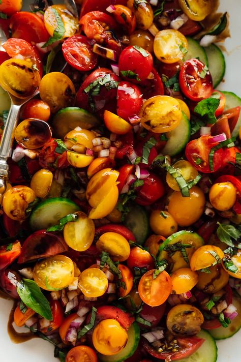 Extra Tomatoes, Balsamic Vinegar And Olive Oil, Tomato Salad Recipe, Sliced Cucumber, Cherry Tomato Salad, Cindy Hattersley, Natural Grocers, Tomato Salad Recipes, Olive Salad