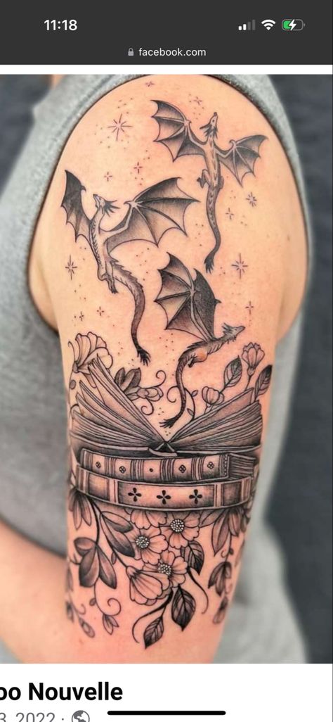 Wolf And Book Tattoo, Enchanted Sleeve Tattoo, Nerdy Sleeve Tattoos For Women, Literature Sleeve Tattoo, Fantasy Half Sleeve Tattoo, Books Tattoo Sleeve, Book Leg Sleeve Tattoo, Dragons And Books Tattoo, Book Tattoos With Dragons