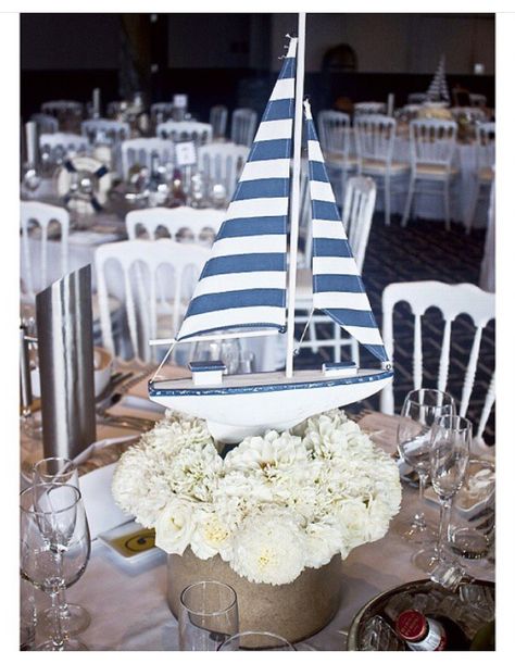 Nautical Party Centerpieces, Nautical Centerpiece Ideas, Boat Centerpieces, Nautical Baby Shower Boy, Nautical Centerpiece, Nautical Birthday Party, Tie The Knot Wedding, Ahoy Its A Boy, Nautical Themed Party