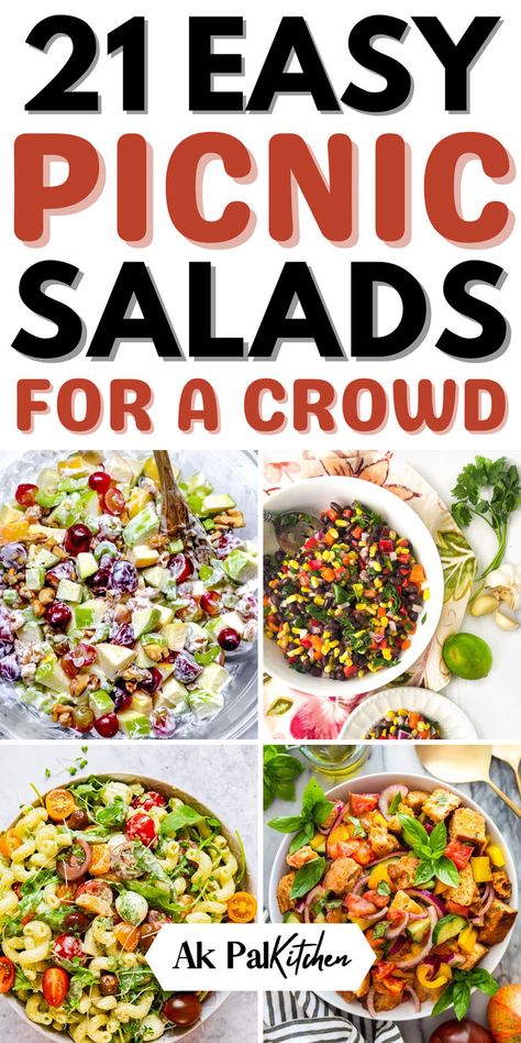 Picnic salads made easy! Explore our easy summer salad recipes, perfect for any outdoor gathering. Find everything from portable picnic salad recipes and mason jar salads to kid-friendly salad recipes. Dive into delicious pasta salads, potato salads, and vibrant fruit salads for picnics. We’ve got vegan picnic salad recipes, gluten-free picnic salads, and vegetarian picnic salad ideas. Don’t forget the dressing recipes to add the perfect finishing touch! So make sure to try these picnic recipes. Picnic Menu Ideas Parties, Picnic Salad Ideas, Easy Salad Ideas For Party, Picnic Salads Recipes Summer, Salads For Camping, Salad Potluck Ideas, Salad For Picnic, Picnic Salads For A Crowd, Party Salad Ideas