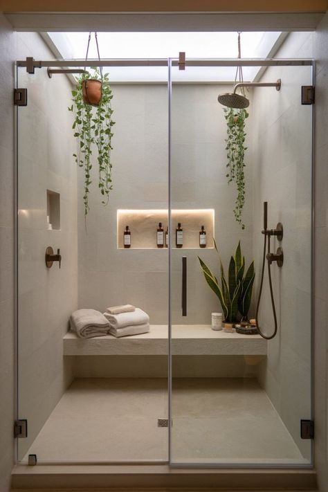 Modern minimalist shower with natural elements and natural light. Bathroom Minimalist Design, Nature Inspired Bathroom, Bathroom Minimalist, Spa Inspired Bathroom, Luxurious Showers, Stunning Bathrooms, Modern Shower, Bathroom Spa, Minimalist Bathroom