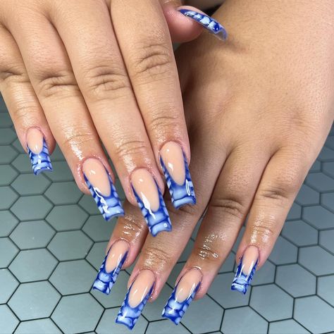 Blue Croc Nails, French Tips Blue, Croc Nails, Blue Nail Inspo, Acrylic Nails Yellow, Orchid Nails, Acrylic Nails Stiletto, Blooming Gel, Evil Eye Nails