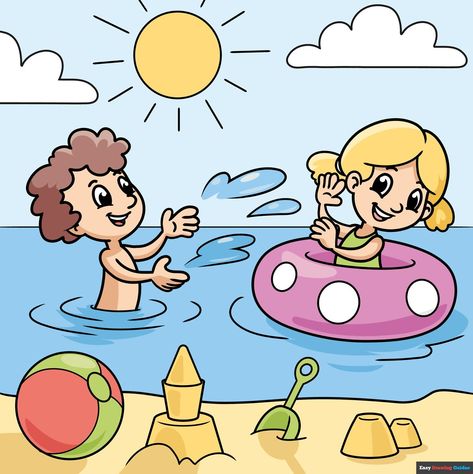 Learn How to Draw a Summery Day: Easy Step-by-Step Drawing Tutorial for Kids and Beginners. See the full tutorial at https://easydrawingguides.com/how-to-draw-a-summery-day/ . Beach Drawing For Kids, Summer Season Drawing For Kids, Summer Day Drawing, Simple Beach Drawings, Summer Vacation Drawing, Summer Drawings Easy, Summer Season Drawing, Summer Drawing Ideas, Vacation Drawing