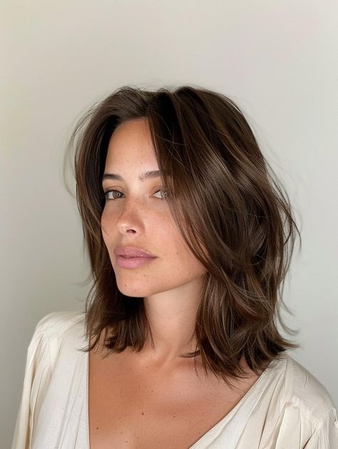 Discover the Versatile Lob Haircut for All Hair Types and Face Shapes Collar Bone Brunette Hair, Lightly Layered Hair Shoulder Length, Haircut Ideas Fine Hair, Short With Layers Shoulder Length, Lob Haircut No Layers, Framing Shoulder Haircut, Brunette Thick Hair Haircuts, Shoulder Length Straight Brown Hair, Just Above The Shoulder Length Hair