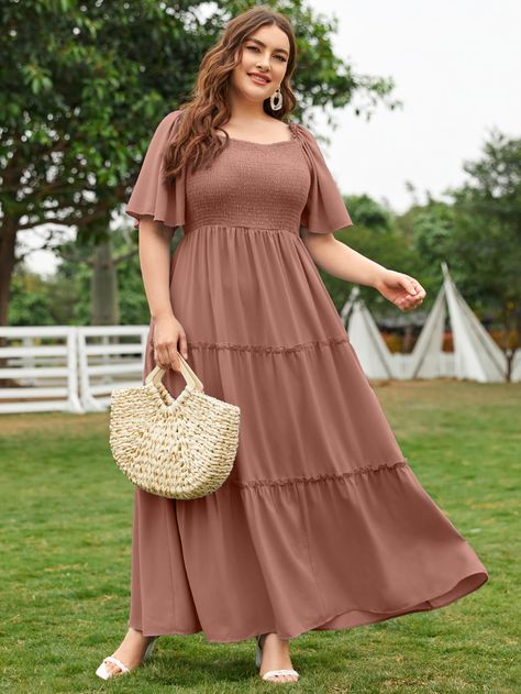 Dusty Pink Elegant  Short Sleeve Polyester Plain A Line Embellished Non-Stretch Spring/Summer Plus Size Dresses Busty Fashion, Fashion Goals, Vestido Plus Size, Plain Dress, Butterfly Sleeve, Boho Floral Dress, Butterfly Sleeves, Plus Size Maxi Dresses, Skirt Design