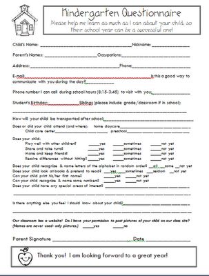 Inspired by Kindergarten: Most Important Page I Send Home- Questionnaire for the parents to fill out about their child. LOVE! Kindergarten Management, Kindergarten Orientation, Kindergarten Registration, Parent Questionnaire, Preschool Theme Activities, Kindergarten Parent, Tootsie Rolls, School Forms, Below The Line