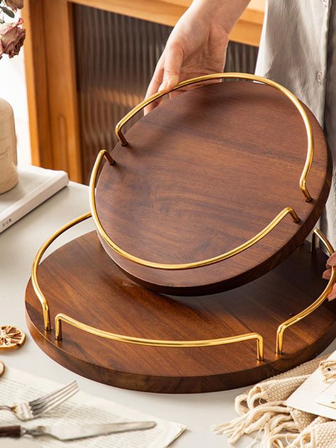 1pc Wooden Round Tray Brown    Wood     Kitchen & Dining, size features are:Bust: ,Length: ,Sleeve Length: Beautiful Kitchenware, Wooden Kitchenware, Gold Tray, Wooden Serving Trays, Round Storage, Round Tray, Tea Tray, Wooden Kitchen, Wood Rounds