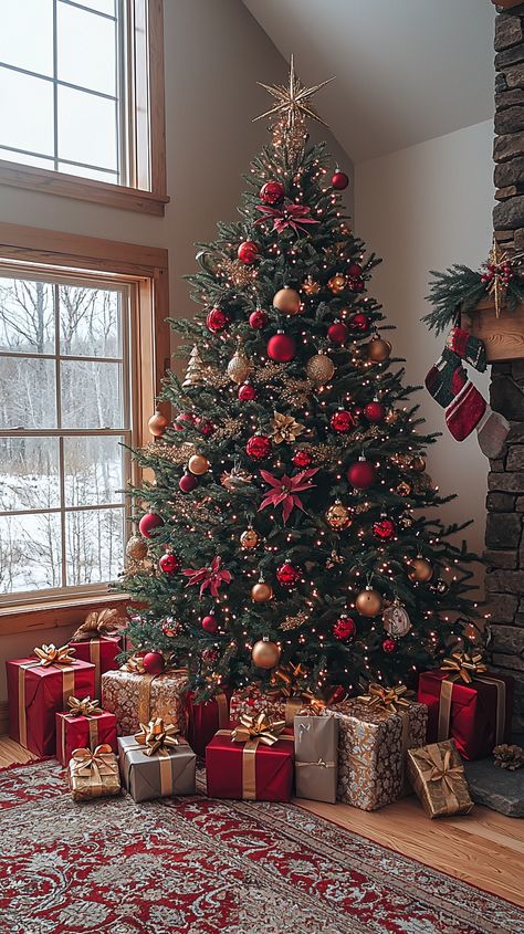 Red Cozy Christmas Aesthetic, Gold Red Christmas Decorations, Red Decorations Christmas Tree, Presents Christmas Tree, Red And Golden Christmas Tree, Christmas Tree Ideas Simple Easy, Simple Red And Gold Christmas Tree, Red Christmas Decor Aesthetic, Christmas Tree With Red And Gold