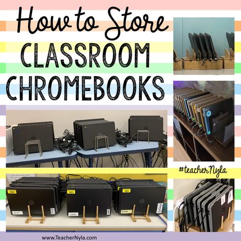 How To Store Classroom Chromebooks Easily | Nyla's Crafty Teaching Chromebook Organization, Laptop Storage Classroom, Chromebook Storage, Organization Classroom, Ipad Storage, Laptop Organization, Classroom Diy, Superhero Classroom, Classroom Storage