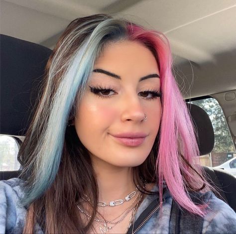 Pink And Blue Money Piece, Pink Hair With Blue Streaks, Pastel Money Piece Hair, Front Hair Dyed Streaks Blue, Dyed Hair Front Strands Only, Front Piece Of Hair Dyed, Blue And Pink Split Dye, Blue And Pink Split Hair, Blue And Purple Hair Split Dye