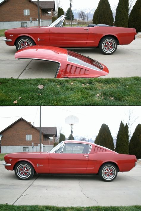 Mustang fiberglass fastback roof for convertible. I always wondered if this was a thing. To Fast To Furious, 66 Mustang, Vintage Auto's, Mustang Car, Ford Mustang Convertible, Car Wheels Rims, Classic Mustang, Mustang Convertible, Ford Lincoln Mercury