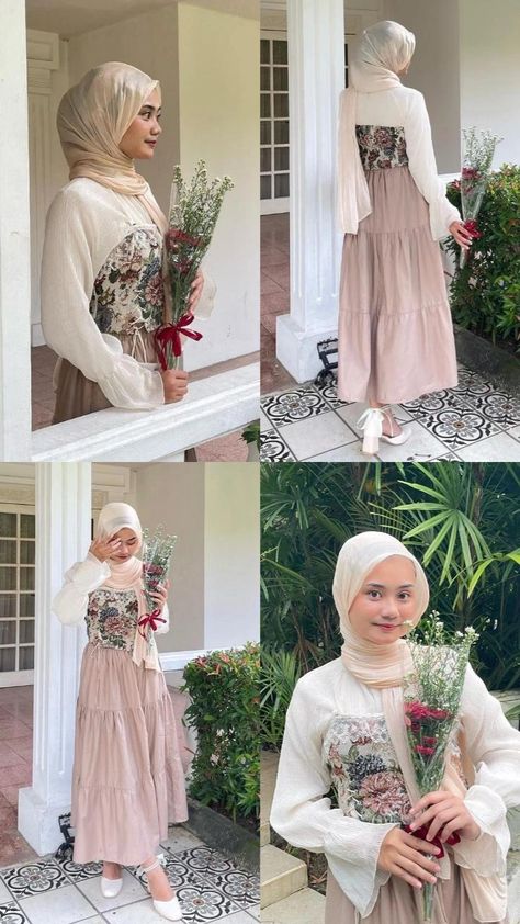 Outfit Piknik, Belanda Outfit, Outfit Birthday Party Hijab, Style Vintage Hijab, Dress Birthday Party Hijab, Ootd Birthday Party Hijab, Ootd Vintage Hijab Casual, Floral Pastel Dress, Ootd Garden Party