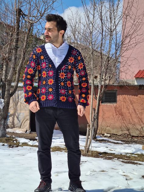 Vintage Crochet Men Sweater Afghan Crochet Cardigan Hand | Etsy Crochet Men Sweater, Granny Square Jacket, Cardigan Granny Square, Square Jacket, Crocheted Clothes, Man Dress, Crochet Men, Coat Of Many Colors, Patchwork Cardigan