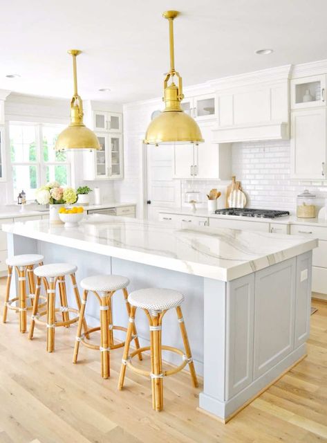 Light Blue and Gray Kitchen Island Blue Kitchen Designs, Grey Blue Kitchen, Blue Kitchen Island, Hamptons Kitchen, Light Blue Kitchens, Grey Kitchen Island, Blue Kitchen Decor, White Subway Tile Backsplash, Counter Stools Backless