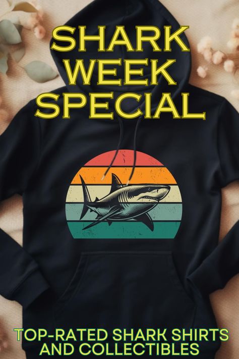 Calling all shark enthusiasts!   It's Shark Week and time to celebrate these incredible ocean predators in style. Ocean Predators, Shark Swimsuit, Shark Accessories, Shark Shirts, Adorable Plushies, Beach Nights, Shark Pattern, Shark Shirt, Beach Night