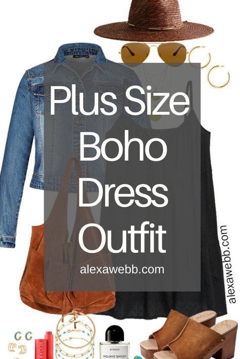 Plus Size Spring Casual Dress Outfits - A plus size black swing dress with a classic denim jacket, a boho slouchy tote from Free People, platform sandals, and a straw fedora. Alexa Webb Rust Dress Outfit, Womens Western Outfits, Boho Plus Size Outfits, Hippie Boho Outfits, Boho Dress Outfit, Curvy Boho, Boho Womens Clothing, Alexa Webb, Black Dress Jacket