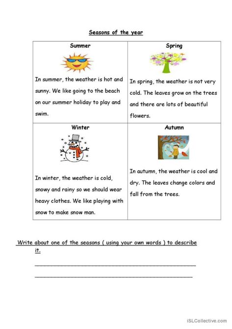 It is a worksheet about seasons of the year 4 Seasons Worksheet, Weather And Seasons Worksheet, Season Worksheets For Kids, Seasons Worksheets For Kids, Seasons Worksheets For Kindergarten, Body Worksheet, Seasons Worksheets, Weather Worksheets, English Worksheets For Kids