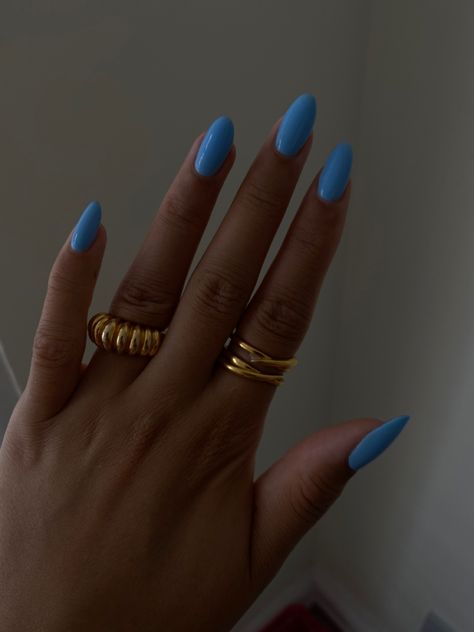 Nail Extension Designs Summer, Neon Blue Almond Nails, Blue Summer Gel Nails, Bright Blue Almond Nails, Blue Nail Extensions, Gel Extension Nails Ideas, Light Blue Almond Nails, Nashville Nails, Electric Blue Nails