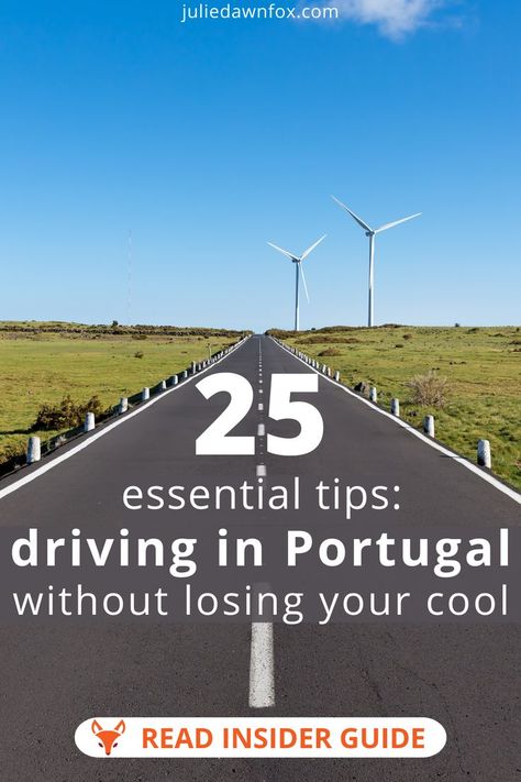 Straight country road, with two wind turbines to the right and blue sky ahead. 25 essential tips: driving in Portugal without losing your cool. Read insider guide. Julie Dawn Fox Driving In Portugal, Portugal Roadtrip, Tips For Driving, Portugal Vacation, Portugal Travel Guide, Bad Reputation, Driving Tips, Visit Portugal, Driving License