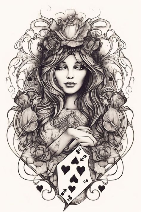 Queen of hearts tattoo design, tattoo sketch#10 Queen Of Hearts Drawing, Heart Flower Tattoo, Queen Of Hearts Tattoo, Alice And Wonderland Tattoos, Hearts Tattoo, Tattoo Design Tattoo, Wonderland Tattoo, Queen Tattoo, Best Tattoos For Women