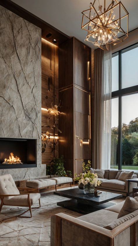 Luxury Great Room Ideas, Living Room With Floor To Ceiling Fireplace, Stone Clad Fireplace, Luxury Wall Panelling Design Living Room, Modern Two Story Fireplace, Grand Fireplace Ideas Living Rooms, Porcelain Fireplace Surround, Ski Chalet Fireplace, Quartz Fireplace Wall