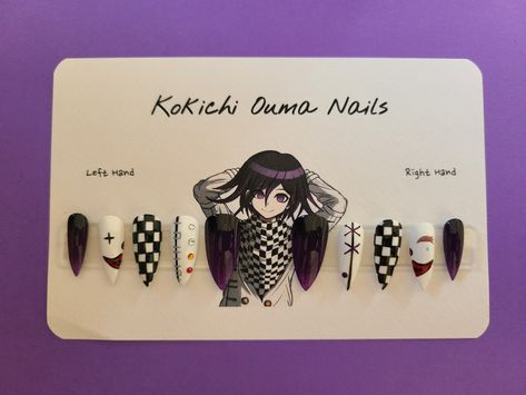 Dazai Inspired Nails, Danganronpa Nail Art, Danganronpa Nail Designs, Danganronpa Nails Ideas, Danganronpa Nails, Bsd Nail Ideas, Sukuna Nails Acrylic, Anime Inspired Nails Naruto, Fake Nails Designs