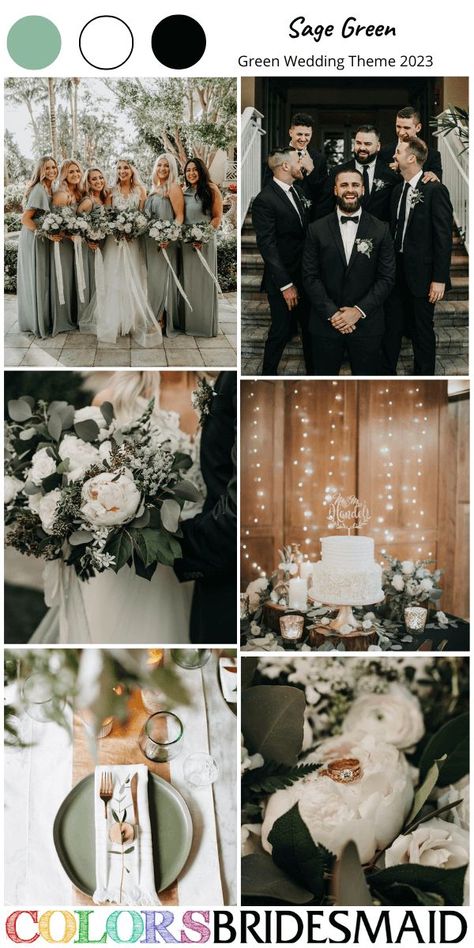 Sage Green Black Tie Wedding, Wedding Sage Color Schemes, Sage Green Fall Wedding Theme, Moss Green And Black Wedding, Sage Green Wedding Color Pallet, Save Green Wedding, Wedding Color Palette With Black, Black White Sage Wedding, Sage Green Wedding Theme Color Palettes