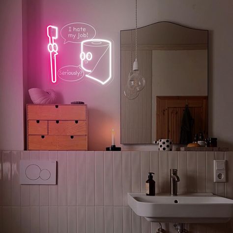 Add a dose of humor to your bathroom with the "I Hate My Jobs" Neon Sign featuring a toothbrush and toilet roll design. This quirky and lighthearted piece of decor is perfect for bringing some fun to your bathroom space. Whether you're decorating a guest bathroom or your own, this neon sign adds a playful touch that's sure to make anyone smile. Perfect for those who enjoy a bit of bathroom humor, this neon sign is a unique and amusing addition to your home decor. The bright, glowing design is bo Quirky Bathroom Ideas, Neon Bathroom, Decor Home Bathroom, Quirky Bathroom, Toilet Decor, Apartment Vibes, Funny Decor, Downstairs Bathroom, Home Bathroom