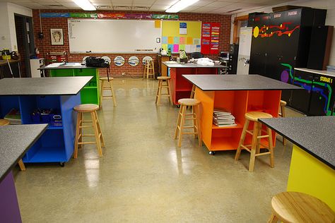 Tables on wheels, can be combined to one huge table, 3 long tables or 6 smaller tables. So cool. Art Tables, Art Classroom Organization, Rangement Art, Classe D'art, 21st Century Classroom, Stem Lab, Long Tables, Classroom Layout, Flexible Seating