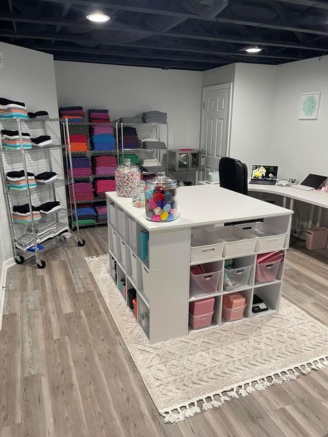 Crafter Room Small Spaces, Loft Craft Room Ideas, Tshirt Craft Room Organization, Craft Room Shed Ideas, Tshirt Business Office Setup, Shirt Making Craft Room, Tshirt Making Craft Room Ideas, Unfinished Basement Craft Room, Basement Sewing Room