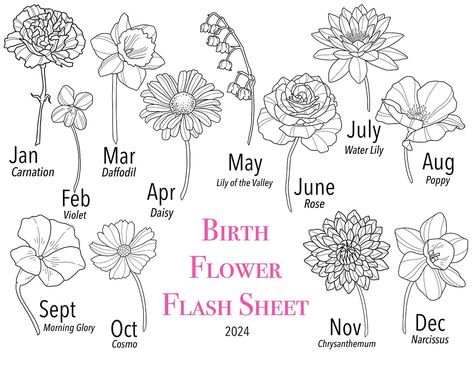 ✨Birth Flower Flash Sheet for this Saturday (4/6/2024)!✨ These flowers are based on my research and some months have various options, so I chose my favorite for each month. Tattoos will be blackwork only (if you want to add color that’s great and we can plan for that in the future). Each flower also MUST be at least 3-4” tall to get the details in. I will not go smaller. Does not include stems. Flowers can also be arranged in bouquets (3 flowers maximum). Leaves can also be added as well! R... Birth Month Flower Doodle, Flowers Based On Birth Month, Birth Month Flower Zodiac Constellation, Free Birth Month Flowers Svg, Line Art Birth Month Flowers, Birth Flowers, Choose Me, Blackwork, Tattoos