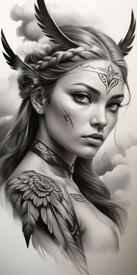 NORDIC VALQUIRIA TATTOO DESIGN Tato Setengah Lengan, Female Warrior Tattoo, Valkyrie Tattoo, Native American Tattoo, Cobra Art, Native American Tattoos, Girl Face Tattoo, Supergirl Comic, Girl Face Drawing