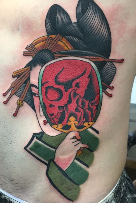 Meaningful Japanese Tattoos, Japanese Geisha Tattoo, Japanese Mask Tattoo, Geisha Tattoo Design, Geisha Tattoo, Dog Skeleton, Skeleton Tattoos, Irezumi Tattoos, Traditional Japanese Tattoos