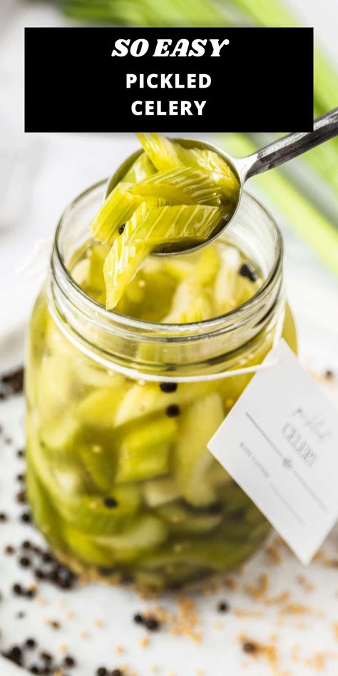 This Pickled Celery has a delicious crunch and a bright, tangy flavour. You will find many ways in which to use the pickles as they add crisp texture and vibrant flavour to many dishes. You will love how quickly and easily you can make them, using simple ingredients, which you may already have to hand. Pickled Celery, Pickled Vegetables Recipe, Celery Recipes, Condiment Recipes, Pickled Veggies, Pickled Vegetables, 140 Pounds, Pickling Recipes, Fermented Foods