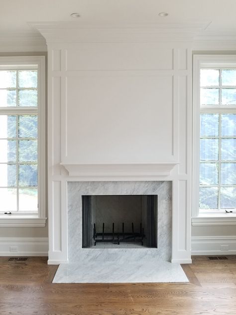 MANTELS AND FIREPLACES — HALKETT Transitional Fireplace Design, Fireplace Between Windows, Fireplace Molding, White Fireplace Mantels, Wood Fireplace Surrounds, Fireplace Trim, Transitional Fireplace, Fireplace Mantel Designs, Tall Fireplace