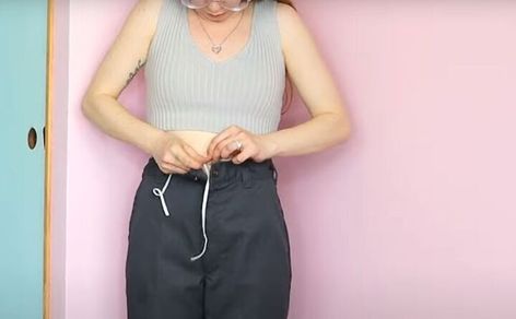 This is a guide to making a waistband smaller. Learn how to make an adjustable waistband with a shoelace or elastic, using this simple step-by-step tutorial. Sewing An Elastic Waistband, Adding Elastic To Waistband, How To Attach Elastic Waistband, Bottoms With Elastic Waistband And 4-way Stretch, 4-way Stretch Bottoms With Elastic Waistband, Sewing Elastic, Seam Ripper, 2 Way, Bias Tape