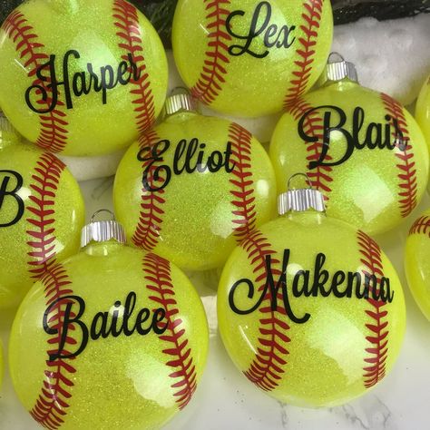 Softball Ornaments Diy, Softball Christmas Gifts, Softball Banquet, Athletic Banquet, Softball Ornaments, Softball Christmas, Cricut Ornaments, Softball Crafts, Senior Softball