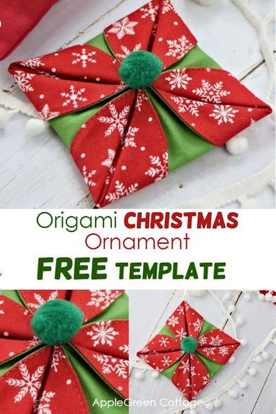 Origami Christmas Ornaments, Origami Christmas Ornament, Christmas Sewing Patterns, Origami Ornaments, Simple Fabric, Christmas Sewing Projects, Fabric Origami, Folded Fabric Ornaments, Folded Fabric