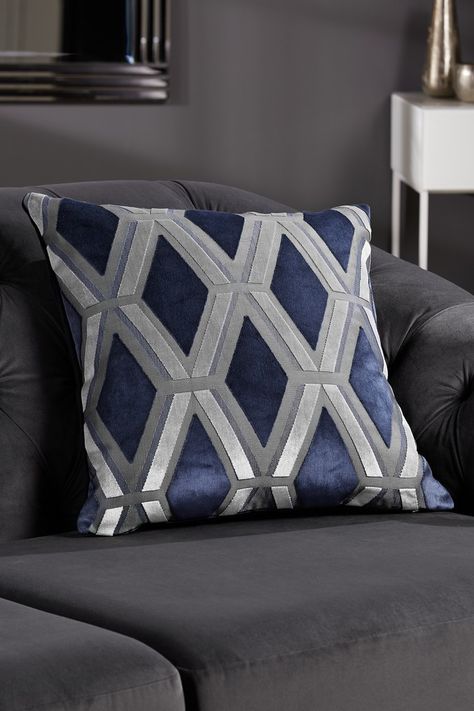 This plush cushion radiates opulence. Made from a luxury cut velvet with a geo design and velvet reverse. Dry clean only. Main 64% Polyester, 36% Viscose. Reverse 100% Polyester. Navy Blue And Grey Living Room, Duck Egg Blue Cushions, Silver Living Room, Navy Living Rooms, Blue Living Room Decor, Geometric Cushions, Velvet Quilt, Luxury Cushions, Blue Living Room