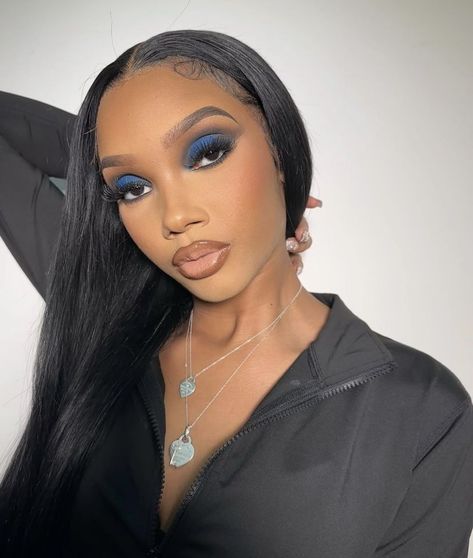 Blue And Brown Smokey Eye, Makeup Looks Navy Blue, Blue Smokey Eye Makeup Black Women, Black Women Blue Eyeshadow, Blue Waterline Makeup Black Women, Midnight Blue Makeup Looks, Blue Eyeshadow Looks Black Women, Navy Blue Makeup Looks Black Women, Blue Eyeshadow Black Women