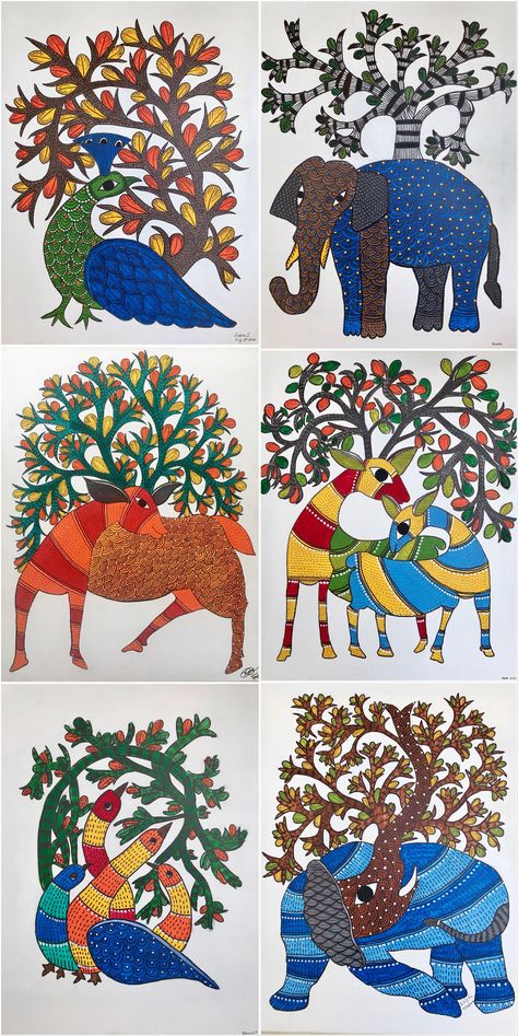 Simple Gond Painting, Easy Folk Art Painting, Gond Motifs, Gond Art Pattern, Gond Painting Design, Gond Art Peacock, Gond Painting Folk Art, Gond Art Paintings, Gond Art