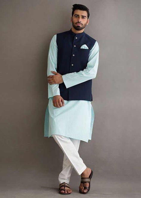 Navy blue waistcoat with sky blue and white kurta pajama designs 2017 for men in Pakistan Kurta Pajama Pose For Men, Blue Waistcoat Men Outfit, Kurta Pajama Koti Men, Punjabi Photo, Everyday Poses, Kurta Koti, Shadi Outfits, Fingers Mehndi Designs, Fingers Mehndi